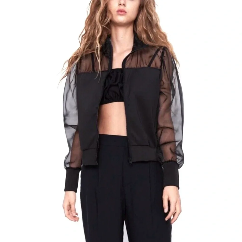 Zara Sheer Sleeve Tulle & Neoprene Bomber Jacket Black Rare Lightweight Sz S - Picture 2 of 10